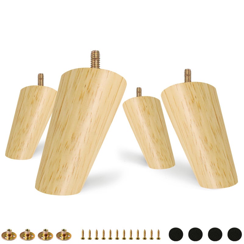 FoDau770 Rubber Wood Furniture Legs 4 Inches, Slant Tapered Wood Legs Mid Century Sofa Legs Set of 4, 5/16"" UNC Furniture Feet Replacement Legs for Cabinet Sofa Couch Dresser Chair Ottoman Table - Image 1